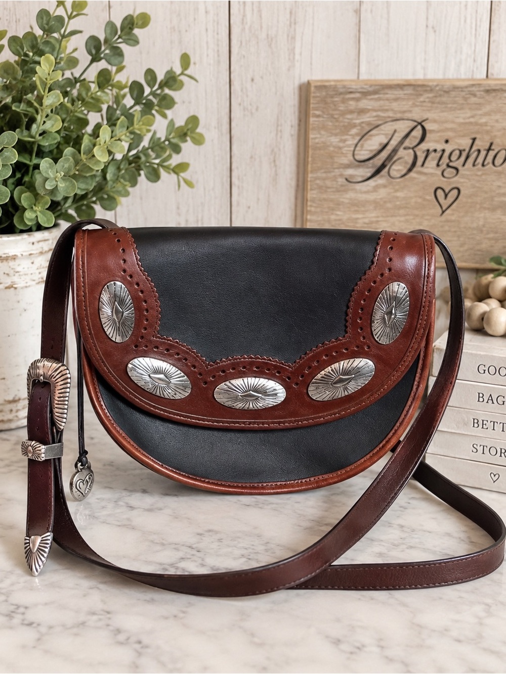 Brighton Out West Leather Concho Western Crossbody Saddle Bag + Papers